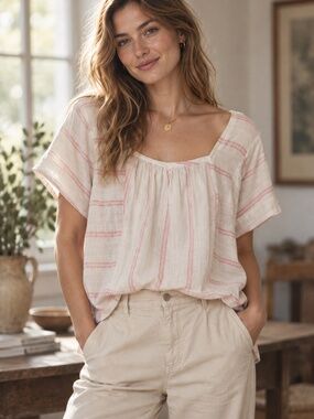 Easel NWT Pink Stripe 100% Cotton Square Neck Boho Top